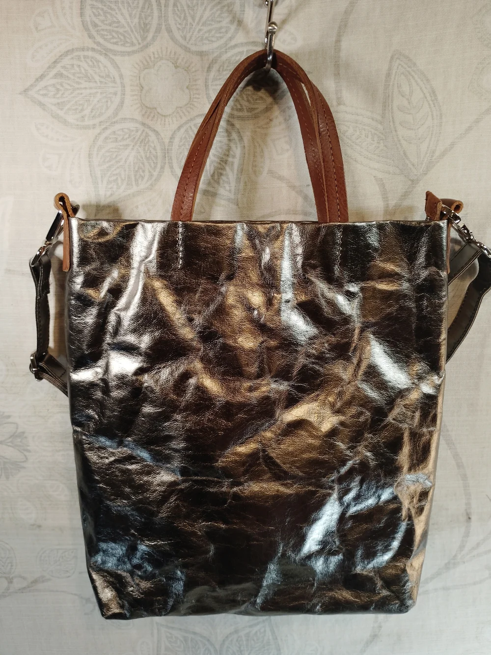 Uashmama Otti Stylish Metallic Dark Grey Crossbody Tote with Brown Handles